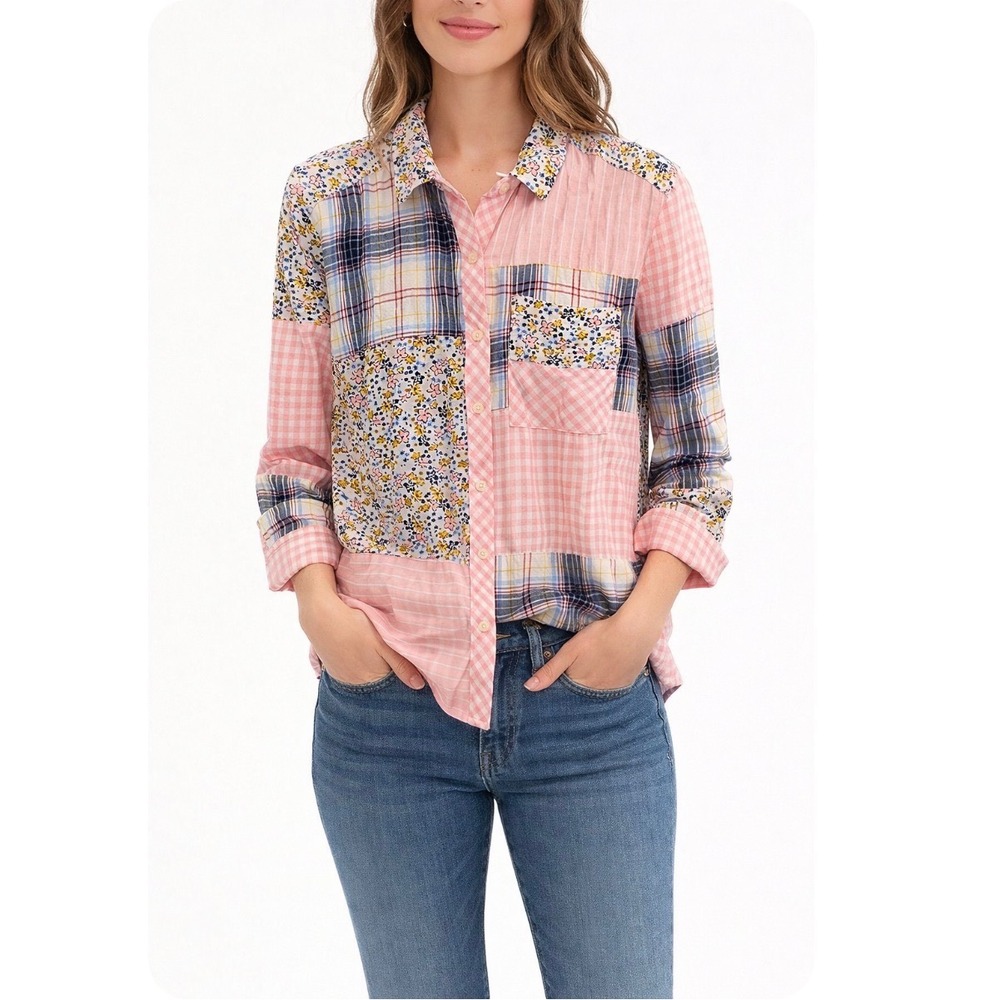 Rodeo/Fair Pink Patchwork Button Down Shirt Floral Plaid Gingham Medium picnic